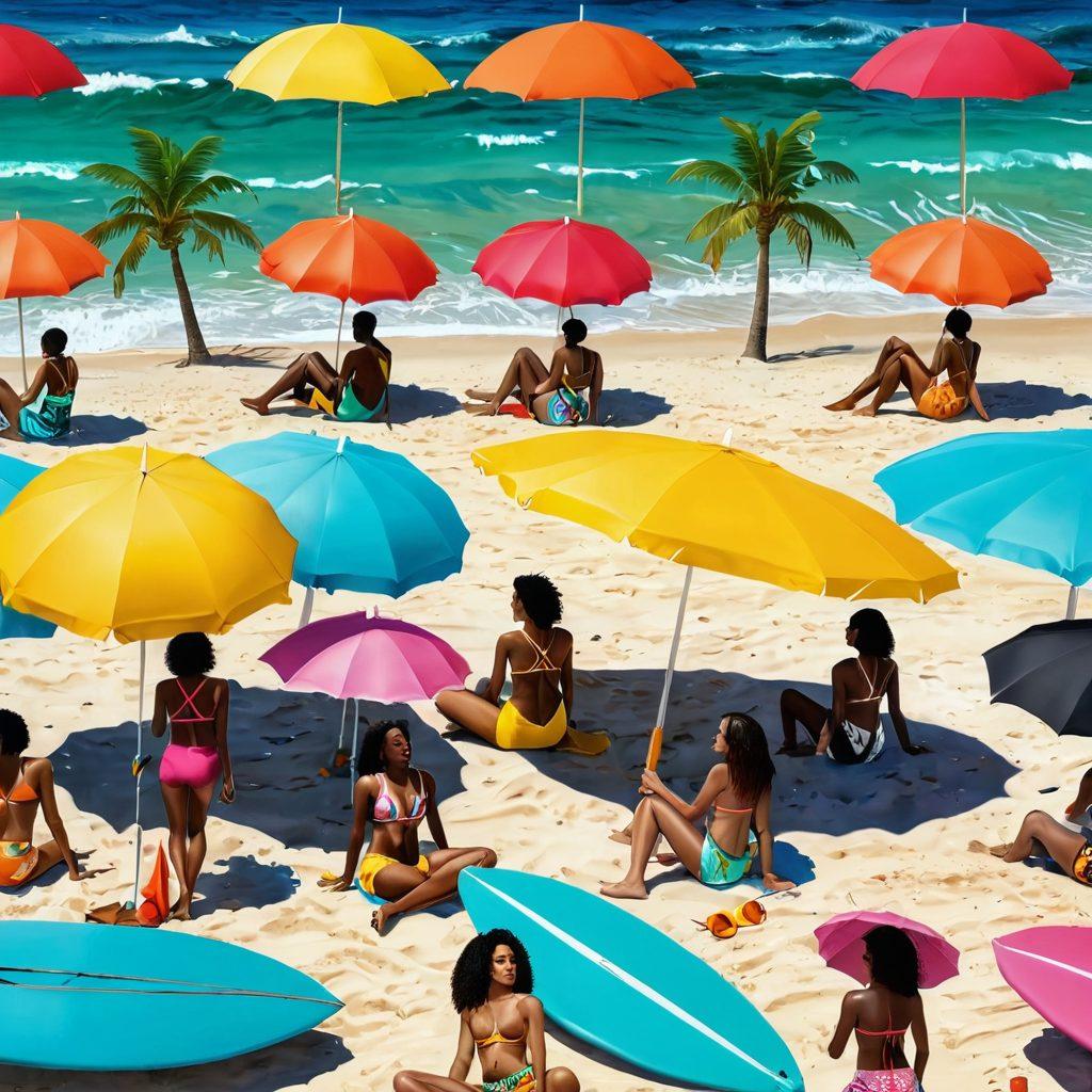 A stunning beach scene with people enjoying the sun, showcasing a variety of fashionable beachwear and coastal outfits. Include colorful umbrellas, surfboards, and tropical drinks to emphasize the summer vibe. Highlight diverse individuals of different ethnicities and body types to celebrate inclusivity in fashion. The ocean waves should glisten under the bright sun, reflecting a vibrant and lively atmosphere. super-realistic. vibrant colors. 3D.