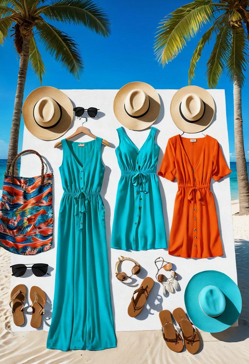 A vibrant summer scene showcasing a stylish resort wear display, featuring colorful beach dresses, light linen shirts, and chic swimwear. The background should include a sunny beach with turquoise waters, palm trees swaying gently, and a hint of sunset. Include accessories like wide-brimmed hats and sunglasses to give an upscale coastal vibe. The overall atmosphere should convey relaxation and sophistication. bright colors. 3D rendering. tropical theme.